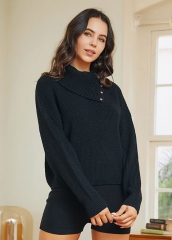 Women Fashion Black Long Sleeve Sweater Compression Shorts 2 Piece Set