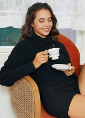 Women Fashion Black Long Sleeve Sweater Compression Shorts 2 Piece Set