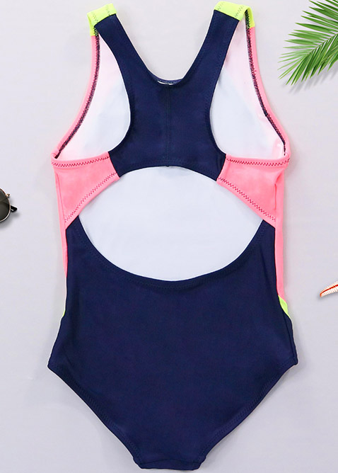 Back hollow out color mixed patchwork kids one piece swimwear