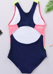 Back hollow out color mixed patchwork kids one piece swimwear
