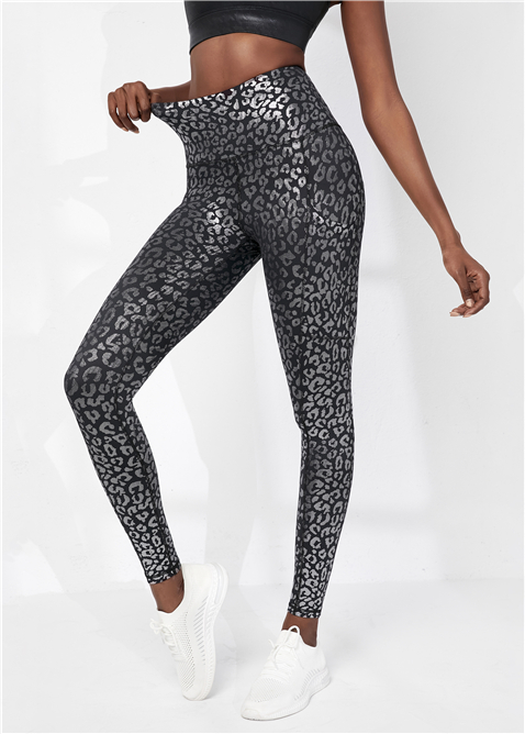 Ready to Ship Women's High Waisted Black Silver Leopard Printing Yoga Leggings with Side Pockets