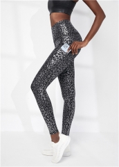Ready to Ship Women's High Waisted Black Silver Leopard Printing Yoga Leggings with Side Pockets