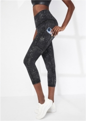 In Stock High Waist Stretchy Unique Silver Sparkle Printing Black 3/4 Gym Leggings Ladies Shiny Yoga Pants
