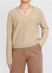 Women Knitted Sweater Loose V-Neck Sweater Fried Dough Twist Design Autumn Winter Fashion Knitting Jersey