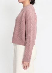 Women Pullover Round Neck Knitting Pure Pink Color Loose Knit Sweater