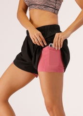 Light Proof Mesh Stitching Fitness Wear with Pocket Elastic High Waist Sports Shorts Women