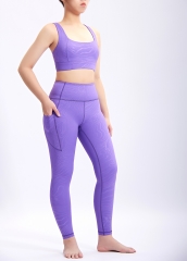 Customized Logo Women Purple Embossing Cross Back Sports Bra and Scrunch Leggings Activewear Gym Sets
