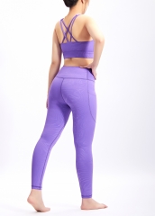 Customized Logo Women Purple Embossing Cross Back Sports Bra and Scrunch Leggings Activewear Gym Sets