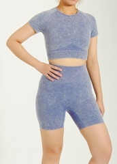 Tight Fitting Seamless Sports Crop Top Shorts Suit for Women