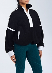 Short Drawstring Splicing Color Collision Lamb's Wool Jacket Women's Autumn And Winter Half-Zipper Pullover Plush Tops